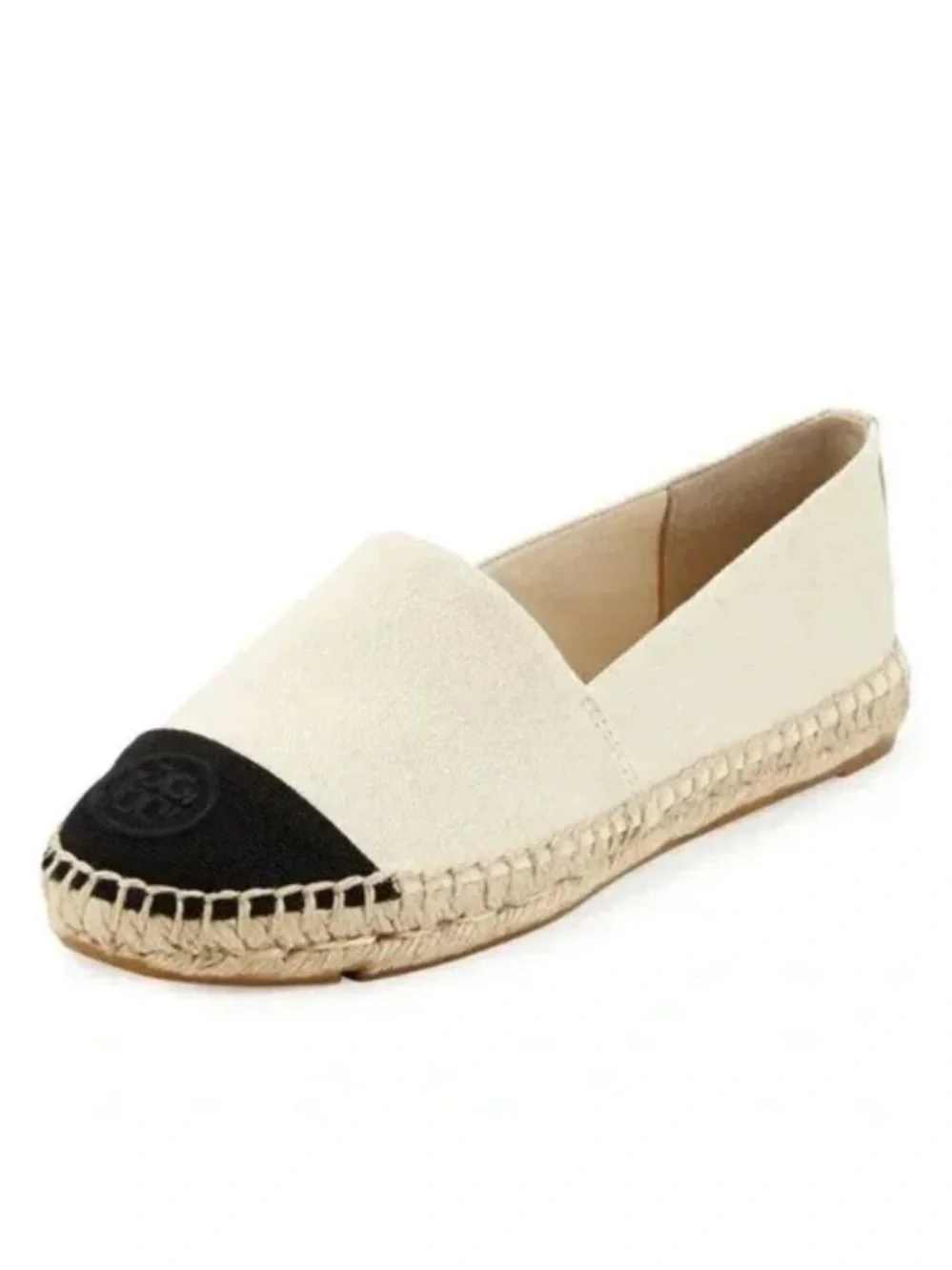 Tory Burch Canvas Espadrille Cream/Black/Tan Slip On Classic Quiet Luxury SZ 7.5